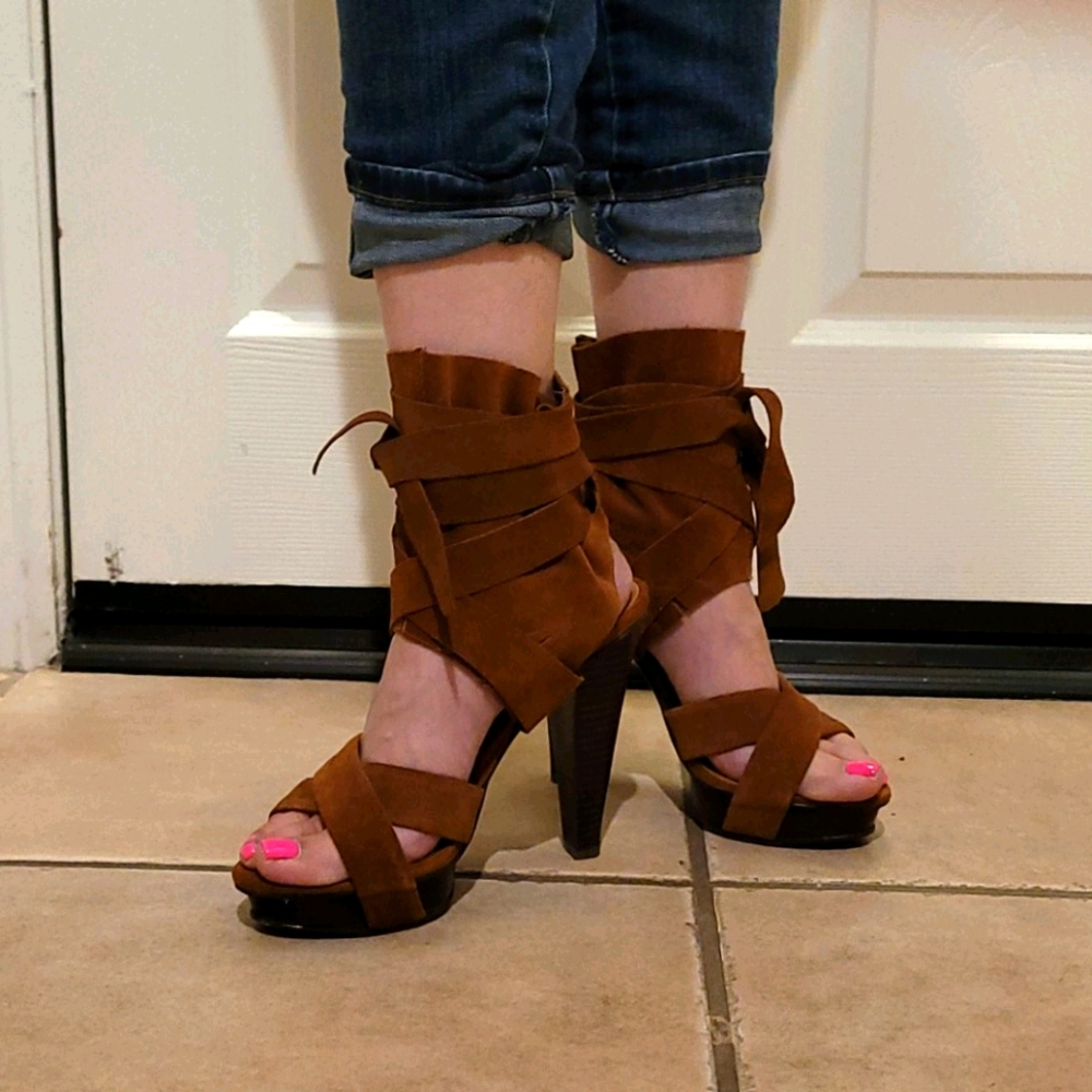 high heel open toe wrap around suede sandal